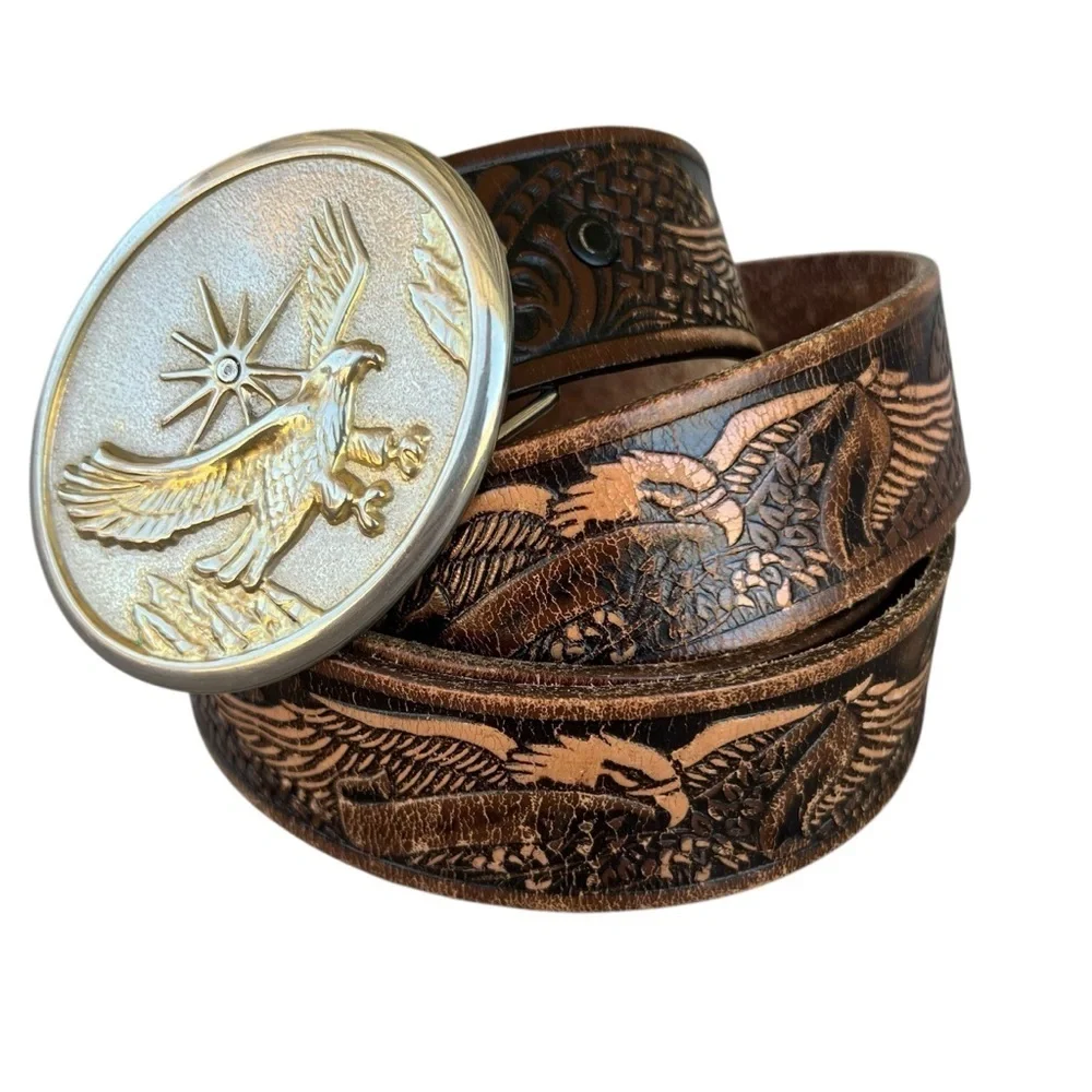 VTG Tooled Leather Western Eagle Belt Oval Silver Tone Buckle Mexico Size 44